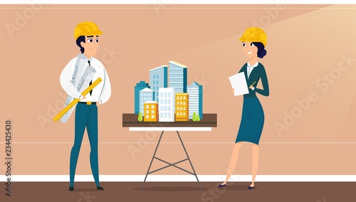 Group of architects with city architecture layout