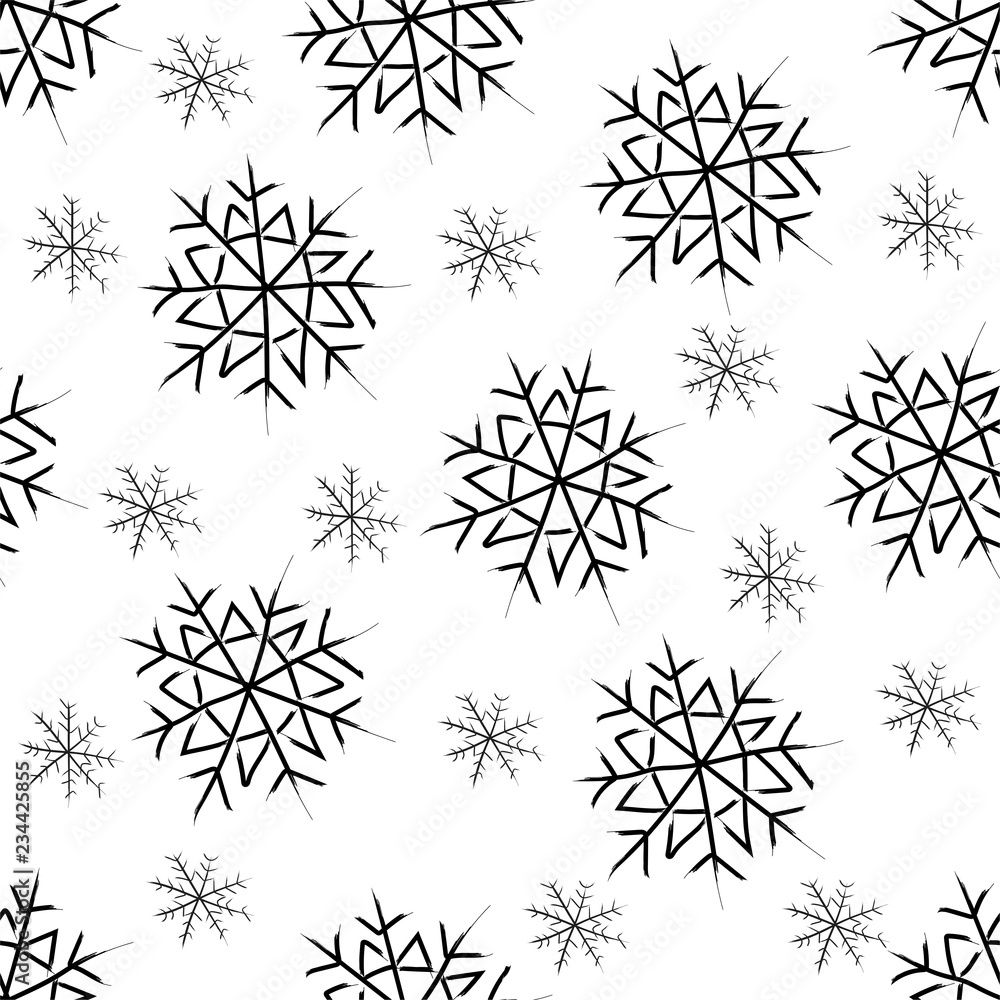 Snowflakes. Snow winter. Seamless vector pattern. Hand linear cartoon drawing on white background. Snowflakes. Snow winter. Seamless vector pattern. Hand linear cartoon drawing on white background.