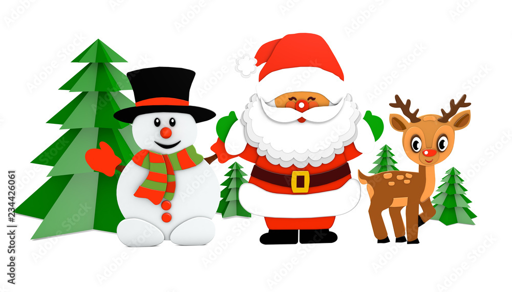 3d rendering paper cut of santa claus and deer snowman figurines christmas holiday 3d rendering paper cut of santa claus and deer snowman figurines christmas holiday