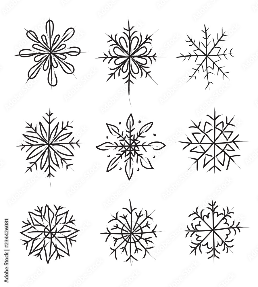 Snowflakes. Set of vector images. Hand drawing by brush.