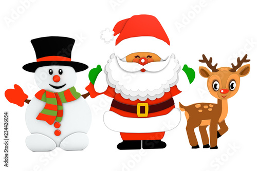 3d rendering paper cut of santa claus and deer snowman figurines christmas holiday