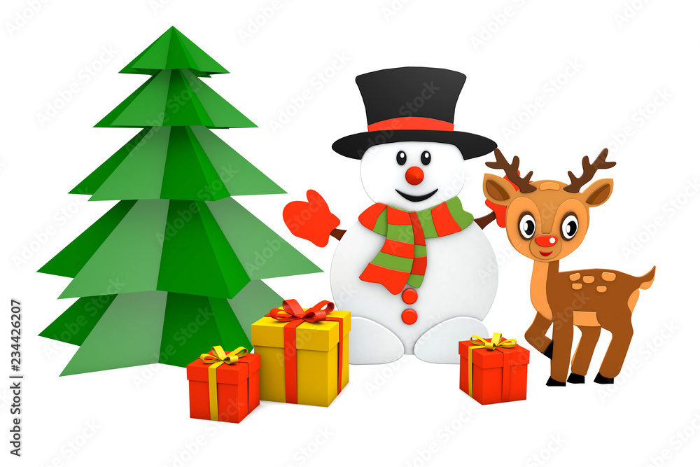3d rendering paper cut of snowman and deer snowman figurines christmas holiday 3d rendering paper cut of snowman and deer snowman figurines christmas holiday