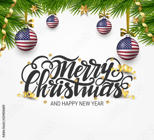 Vector chriatmas patriotic illustration with lettering and american flag balls. Merry Christmas USA