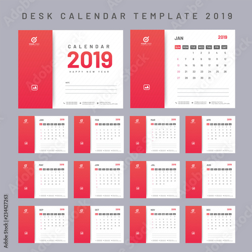Set of 12 months yearly desk calendar design for 2019 with space for your important notes.