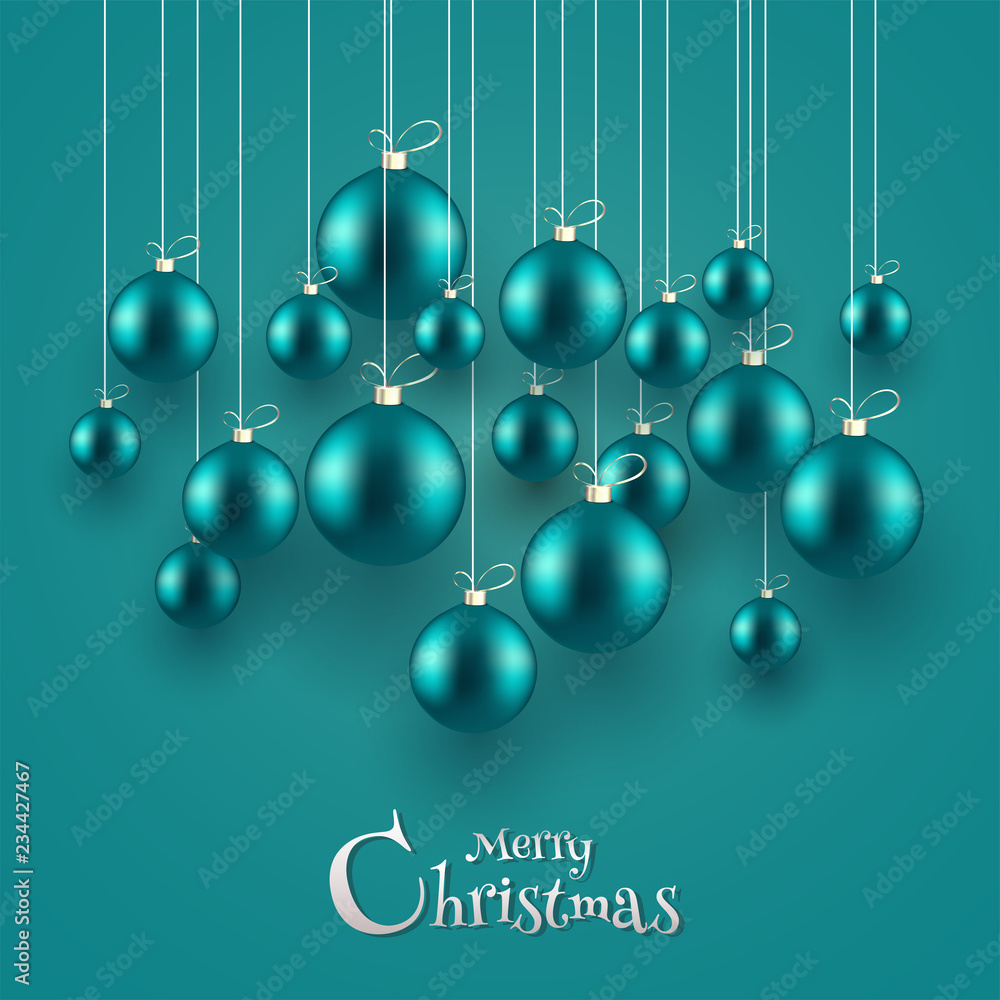 Realistic baubles hang on glossy color background for Merry Christmas celebration greeting card design.