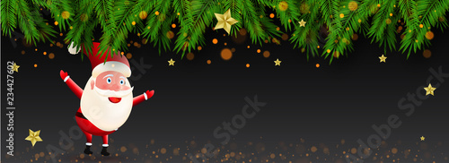 Website poster or banner design with cute santa clause character on black background decorated with green pine leaves for Merry Christmas celebration.