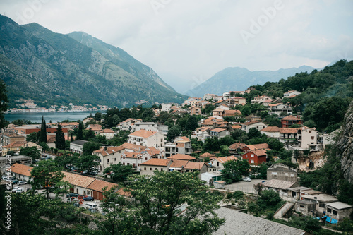 Aerial view of Kotor - a city on the Adriatic coast in Montenegro. One of the most beautiful coastal cities of Montenegro. Near a beautiful mountain landscape.