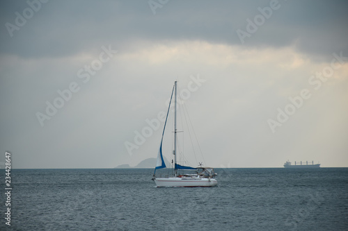 sail inflatable boat on a cloudy day