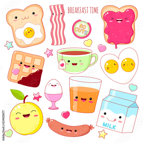 Set of cute breakfast food  icons in kawaii style