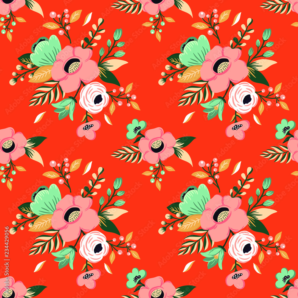 Seamless flower pattern. Colorful vintage floral background. Graphic set with bouquet of rose, rafflesia, leaves, herbs and other hand drawn botanical elements. Vector wall mural wallpaper Seamless flower pattern. Colorful vintage floral background. Graphic set with bouquet of rose, rafflesia, leaves, herbs and other hand drawn botanical elements. Vector wall mural wallpaper
