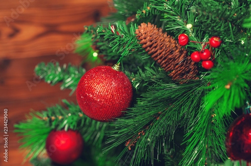 Decorated Christmas tree closeup.