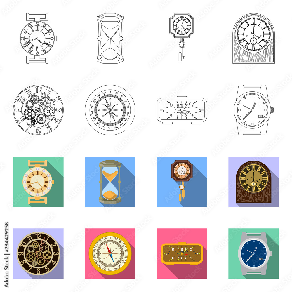 Vector illustration of clock and time logo. Collection of clock and circle vector icon for stock. Vector illustration of clock and time logo. Collection of clock and circle vector icon for stock.