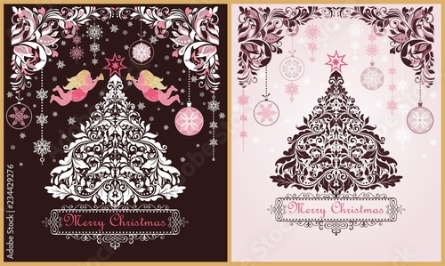 Ornate vintage sweet Christmas greeting cards variation with floral decorative paper cut out border, xmas tree, pink angels and hanging decoration with snowflakes