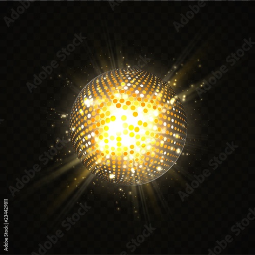 Abstract disco ball party design element. Supernova atomic explosion star isolated object. Golden glitter particles sphere with sunny rays