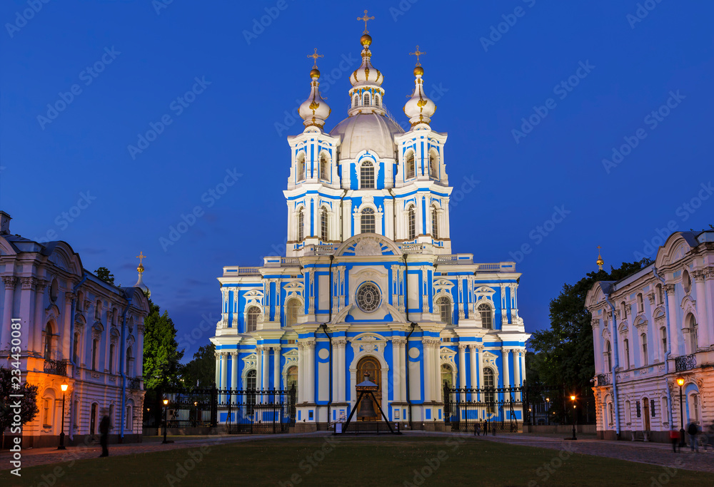 Smolny of the resurrection of Christ Cathedral in St. Petersburg during the white nights, Russia