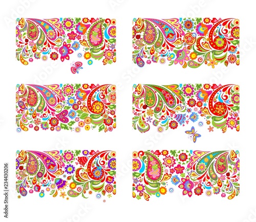 Seamless ethnic flowers borders collection