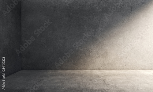 Interior room with corner of dirty concrete cement walls and floor. Underground showroom with right side sun light. 3d rendering illustration