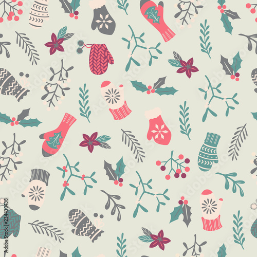 Vector Winter Seamless Pattern with Hand Drawn Gloves and Mistletoe.