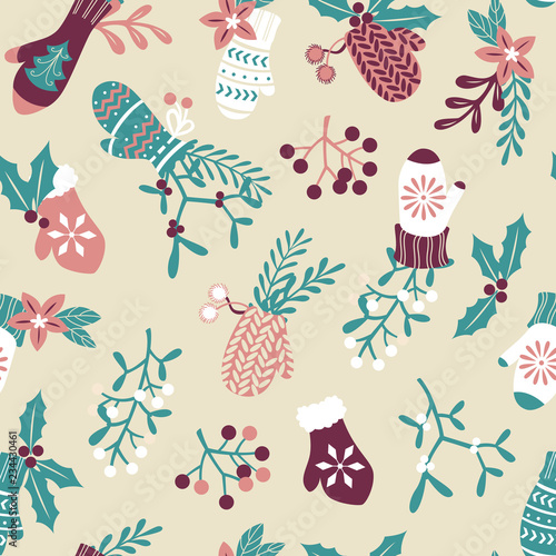 Seamless Christmas Background with Doodle Mittens and Mistletoe.