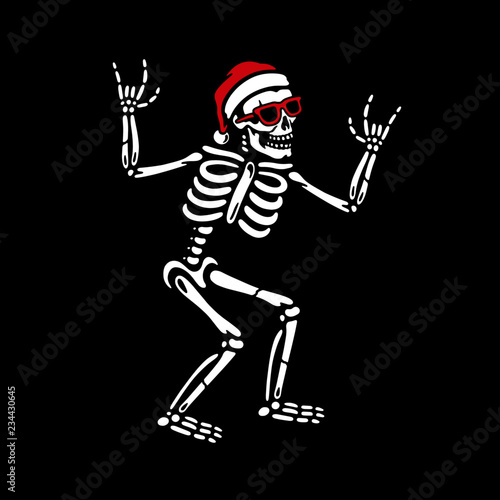 SKELETON IN SANTA HAT AND SUNGLASSES WITH ROCK SIGN BLACK BACKGROUND