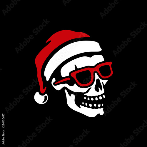 SKULL IN SANTA HAT AND SUNGLASSES WITH ROCK SIGN BLACK BACKGROUND © always draw