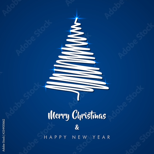 Modern style blue christmas theme card with one line scribble design and merry christmas and happy new years text.