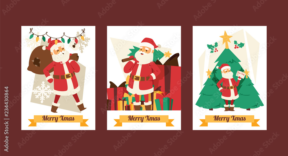 Christmas 2019 Happy New Year greeting card Santa Claus vector background banner holidays winter xmas cartoon congratulation New Year poster or web banner illustration