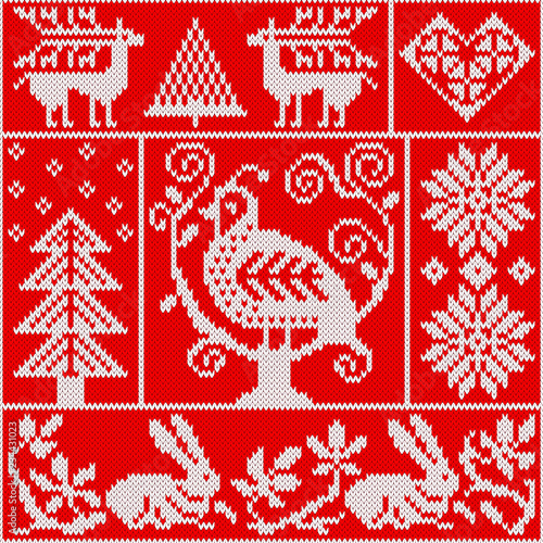 Seamless knitting pattern with bird, deer, fir, heart, rabbit, snowflake, and other winter elements. Red and white Christmas knitted background in the scandinavian style. Holiday design. Vector