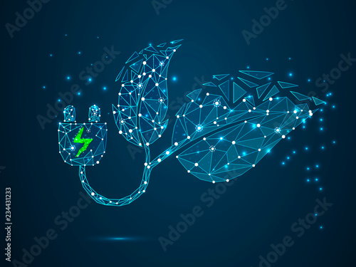 Leaf natural Charger ECO energy Icon made from lines, triangles, and points with a leaf that produces electricity on dark blue background. Low poly wireframe, polygonal raster image