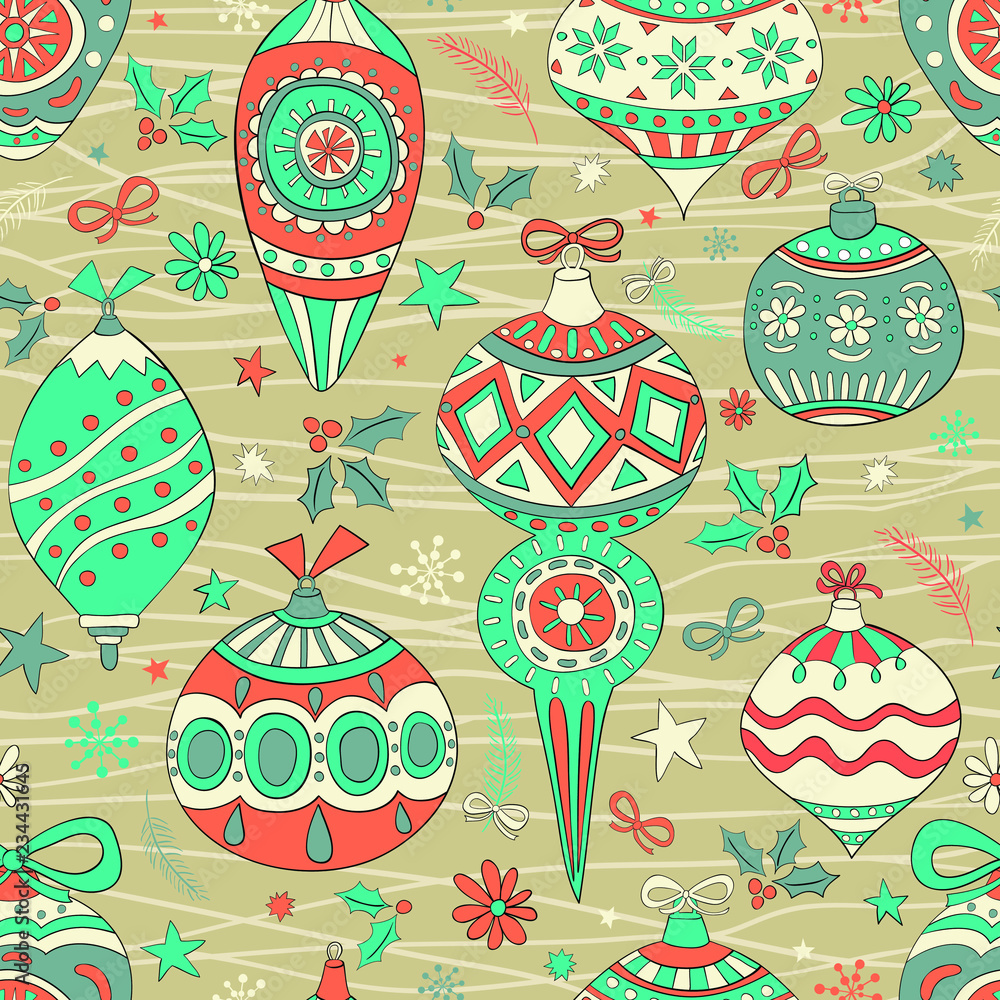 Plakat Seamless Christmas pattern. Set of colorful hand drawn Christmas balls. Holiday decorative elements. Vector illustration