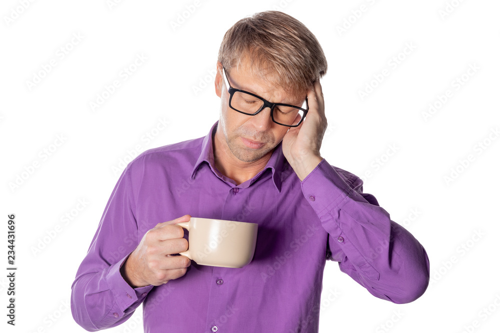 Handsome man with glasses over white background drinking a cup of coffee stressed with hand on head. Headache, cold and flu Handsome man with glasses over white background drinking a cup of coffee stressed with hand on head. Headache, cold and flu