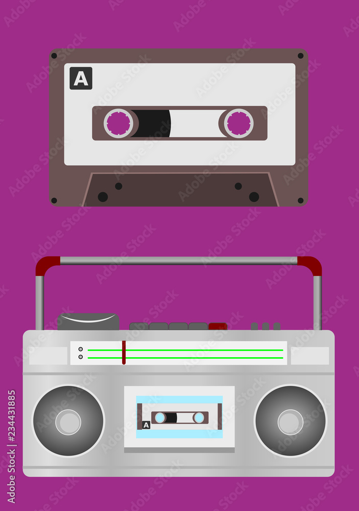 music tape or tape cassette and radio on color background.