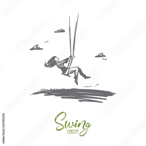 Girl, swing, childhood, fun, play concept. Hand drawn isolated vector.