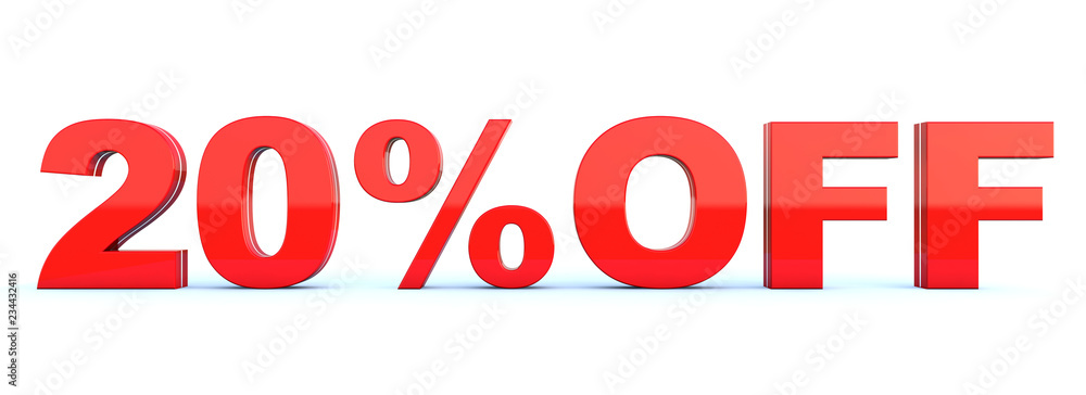 20 percent off discount - glossy red text on white background wide banner 3D render 20 percent off discount - glossy red text on white background wide banner 3D render