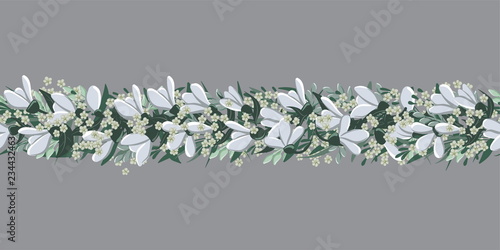 vector drawings of seamless border wreath with leaves and bellflowers