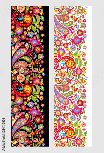Seamless floral ethnic borders with colorful abstract flowers
