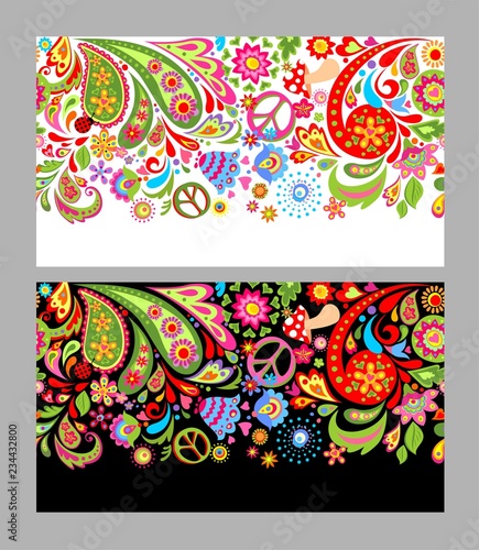 Seamless flowers colorful border with hippie peace symbol, fly agaric and paisley