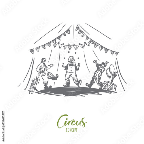 Arena, circus, clown, show concept. Hand drawn isolated vector.