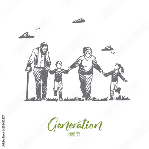 Grandmother, grandfather, grandchildren, family, generation concept. Hand drawn isolated vector.