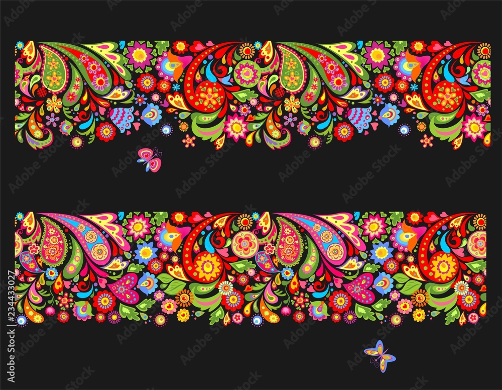 Seamless summery floral ethnic borders with colorful abstract flowers and funny butterflies on black background