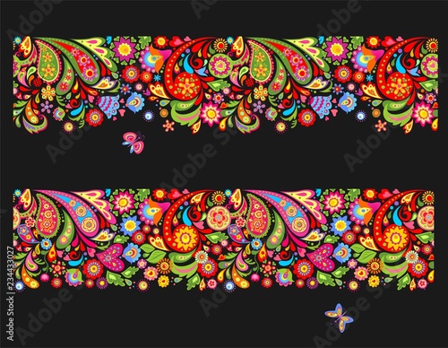 Seamless summery floral ethnic borders with colorful abstract flowers and funny butterflies on black background