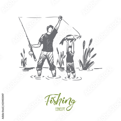 Fishing, father, son, family concept. Hand drawn isolated vector.