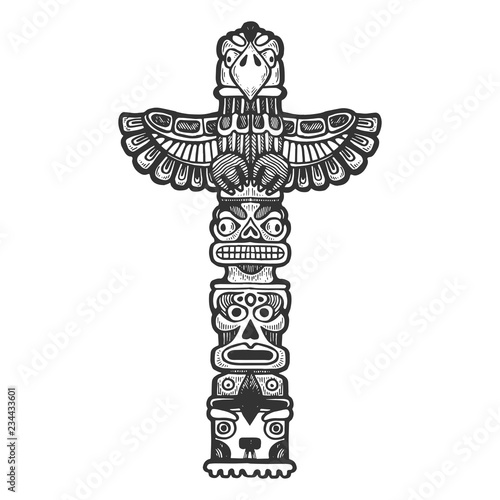 Maya totem religious symbol of ancient civilization engraving vector illustration. Scratch board style imitation. Black and white hand drawn image.
