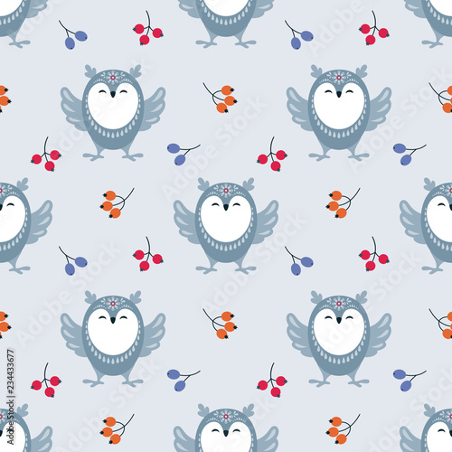 Christmas seamless pattern with cute animals. Childhood vector background in ethnic style.