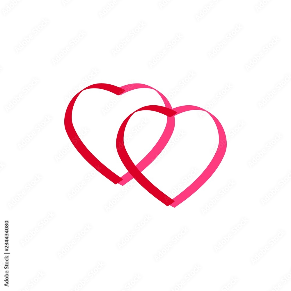 Two red heart on white background sign. Symbol linked, join, love, passion and wedding. Template for t shirt, apparel, card, poster, valentine day. Design element. Vector illustration. Two red heart on white background sign. Symbol linked, join, love, passion and wedding. Template for t shirt, apparel, card, poster, valentine day. Design element. Vector illustration.