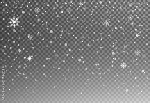 Christmas falling snow vector isolated on dark background with snowflakes. Magic white snowfall texture. Winter snowstorm backdrop illustration.