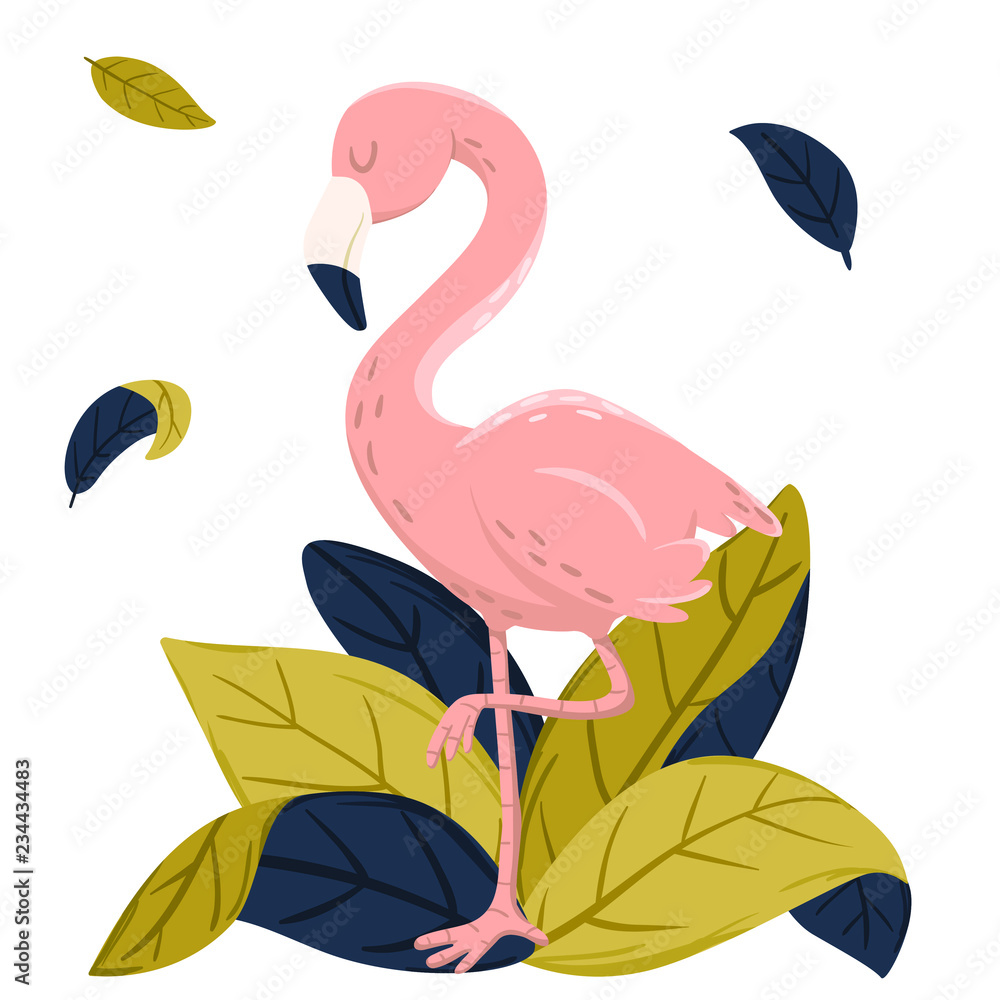 Vector pink flamingo standing among leaves. Tropical bird illustration, summer style design for greeting card, prints, invites, cover, background Vector pink flamingo standing among leaves. Tropical bird illustration, summer style design for greeting card, prints, invites, cover, background