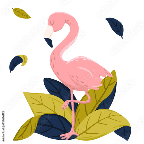 Vector pink flamingo standing among leaves. Tropical bird illustration, summer style design for greeting card, prints, invites, cover, background