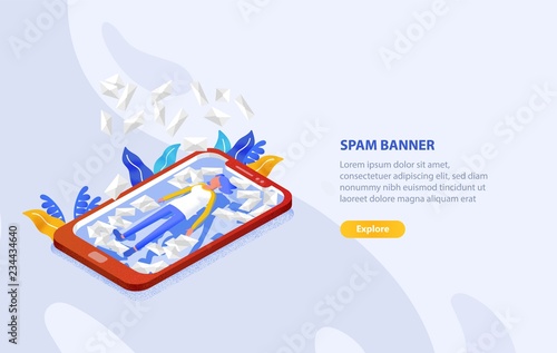 Creative web banner template with woman lying on screen of giant smartphone among many letters in envelopes. Spam and unsolicited messages. Colorful vector illustration for online service advertising.