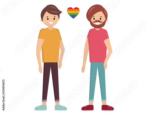 Gay couple. Flat style vector illustration. Homosexual spouses. LGBT community people. Rainbow heart.